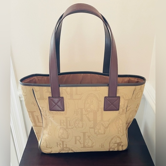 Timeless Classic Y2K Ralph Lauren Khaki Canvas And Dark Brown Leather Large Tote - Picture 2 of 15